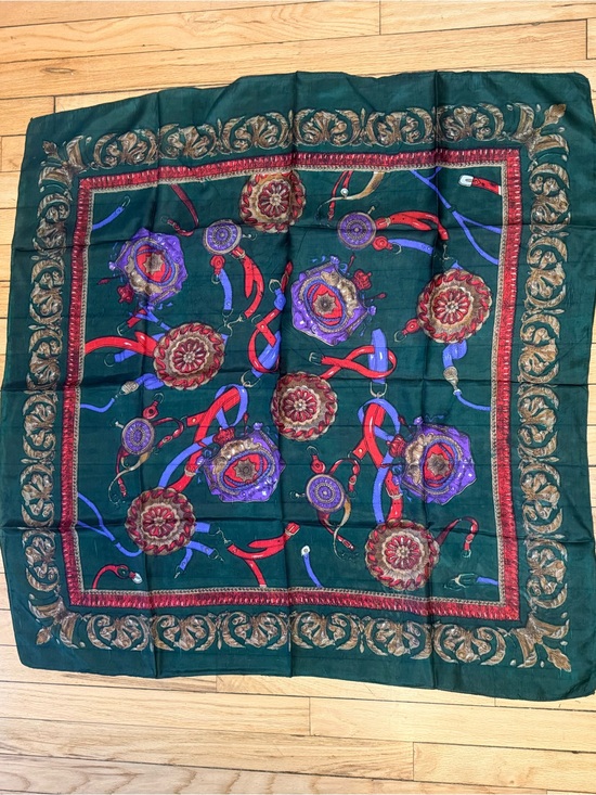 Accessories - Green Silk Medallion Print Scarf with Red & Purple Accents